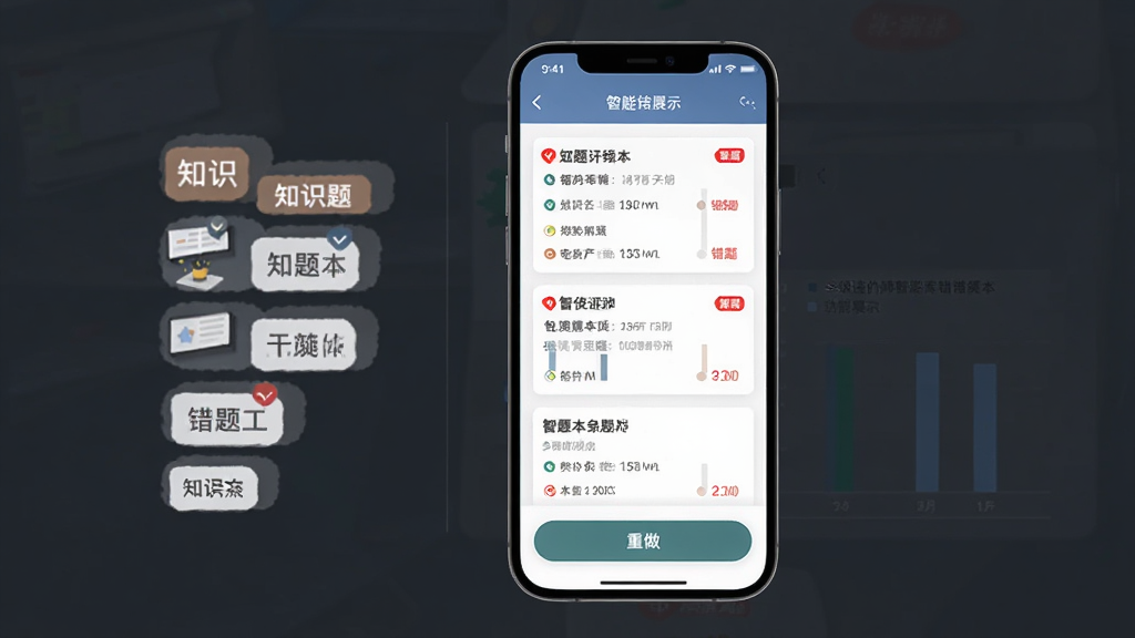一级造价师智题库错题本功能展示,画面中央为手机界面显示错题列表与重做按钮,左侧为知识点标签,布局简洁,排版清晰,风格现代扁平,细节包括红色错题标记与统计图表,画质干净,无多余元素