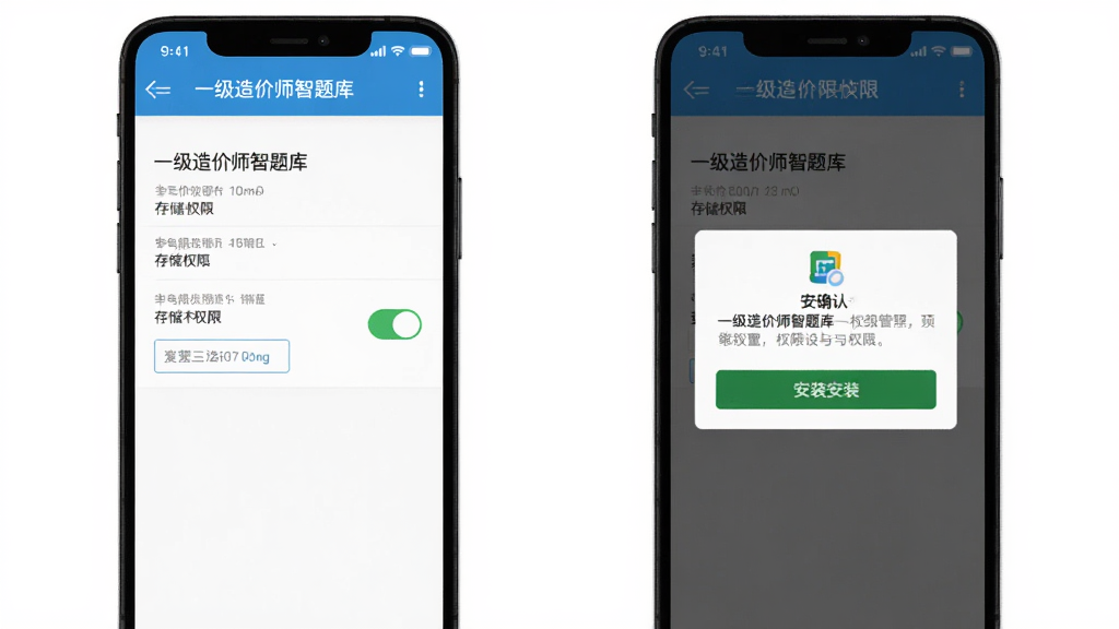 一级造价师智题库安卓手机安装与权限设置示意图,画面为手机屏幕显示权限管理页面与安装确认弹窗,布局居中,排版清晰,风格简洁实用,细节包括存储权限开关与安装按钮,画质干净,无多余元素