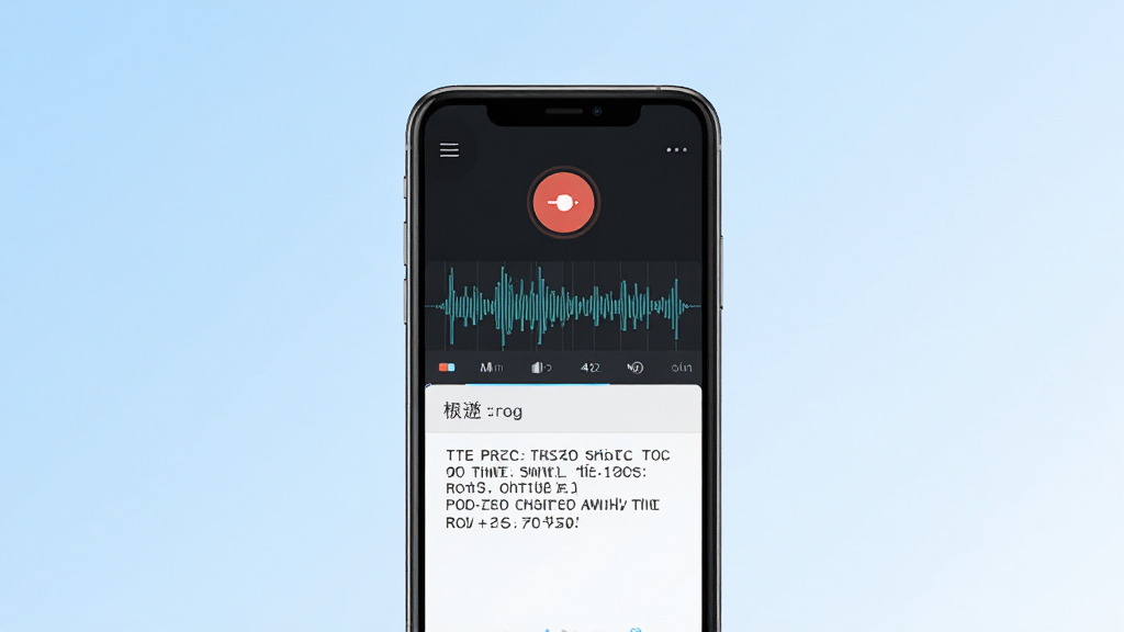 极速录音转文字软件官方主界面展示图,画面中央是一部智能手机屏幕,屏幕上显示录音转文字应用的操作界面,包含录音按钮、音频波形和文字转写结果区域,背景为干净的浅蓝色渐变,风格简洁现代,细节清晰,画质高清,干净无多余元素