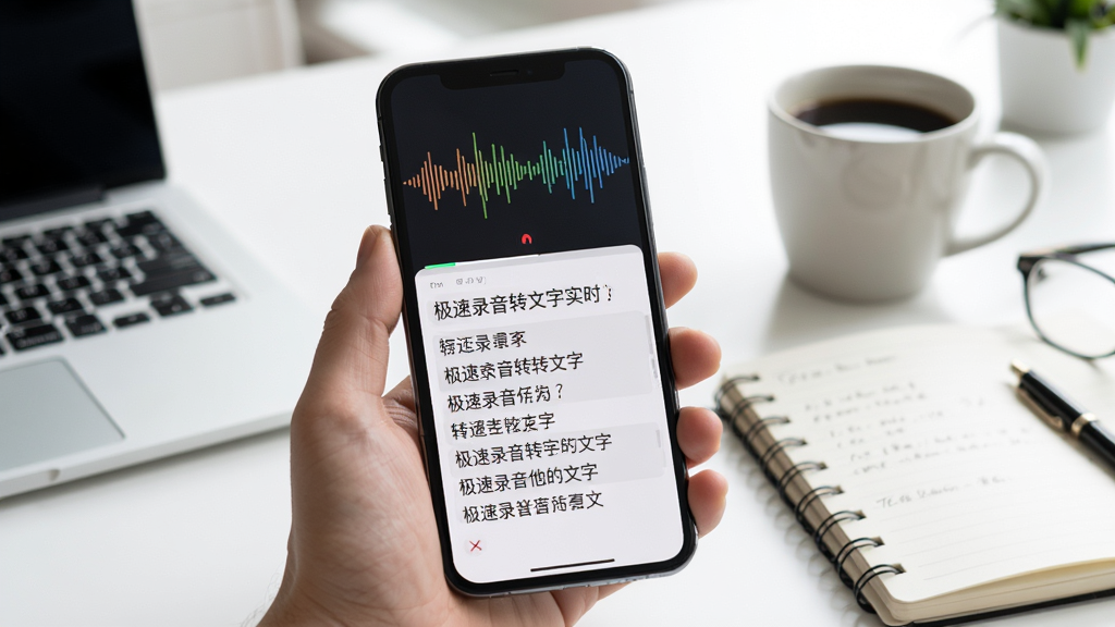 极速录音转文字实时转写功能展示图,画面中一部手机正在录音,屏幕上方显示声波波形,下方文字区域实时滚动出现转写文字,旁边有笔记本和咖啡杯点缀,办公桌面场景,风格清新明亮,细节丰富,画质清晰,干净无多余元素