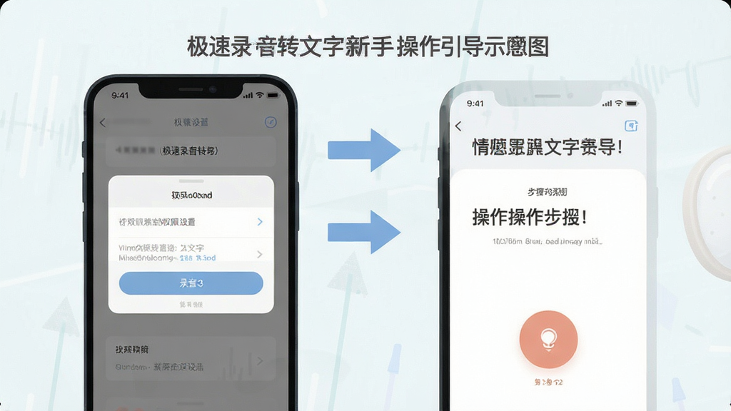 极速录音转文字新手操作引导示意图,画面展示手机屏幕上的权限设置界面和录音按钮操作步骤,配有简洁的箭头指引和文字标注,风格扁平化设计,色彩柔和,细节清晰,画质高清,干净无多余元素