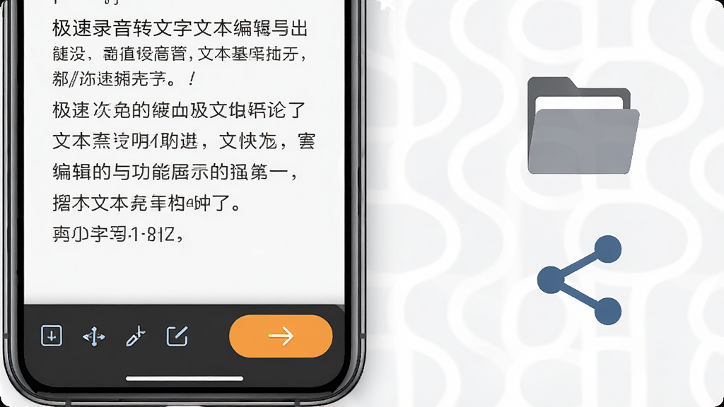 极速录音转文字文本编辑与导出功能展示图,手机屏幕显示一段转写完成的文字内容,底部有编辑工具栏和导出按钮,画面右侧有文件夹和分享图标示意,整体风格简洁商务,细节清晰,画质高清,干净无多余元素