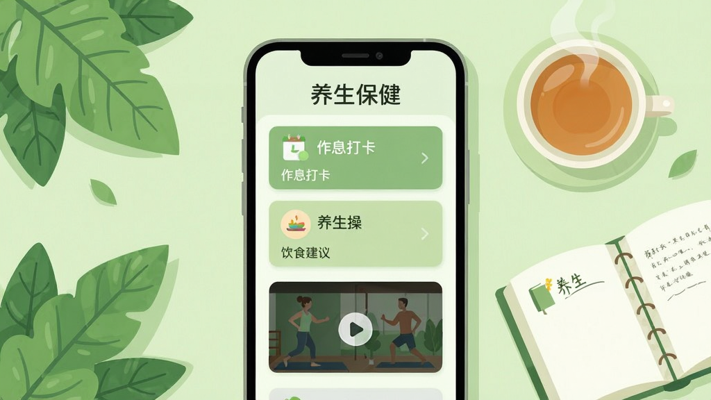画面中央放置一部智能手机,屏幕显示“养生保健”应用主界面,界面包含作息打卡、饮食建议、养生操视频三个功能卡片,手机周围环绕绿色植物叶片、一杯温热茶水、一本翻开的养生笔记,整体采用清新自然的浅绿色调,扁平化插画风格,布局居中对称,细节柔和干净,画质清晰,无多余文字与杂乱元素