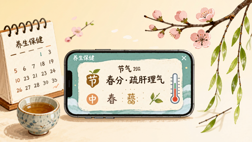 画面主体为一部手机横屏展示“养生保健”节气卡片界面,卡片上写有“春分疏肝理气”字样,手机左侧摆放日历与陶瓷茶杯,右侧点缀桃花枝与嫩绿柳叶,背景为淡米色渐变,风格为温暖手绘插画,布局左中右三段式,细节包含节气图标与温度计元素,画质细腻干净,无杂乱装饰