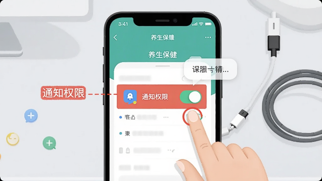 画面为手机屏幕特写,显示“养生保健”应用的权限设置引导页,页面用红色标注“通知权限”开关,旁边配有手指点击示意,背景为浅灰色桌面与充电线,风格为简洁科技插画,布局手机居中、标注元素环绕,细节包含权限图标与提示气泡,画质清晰干净,无多余装饰