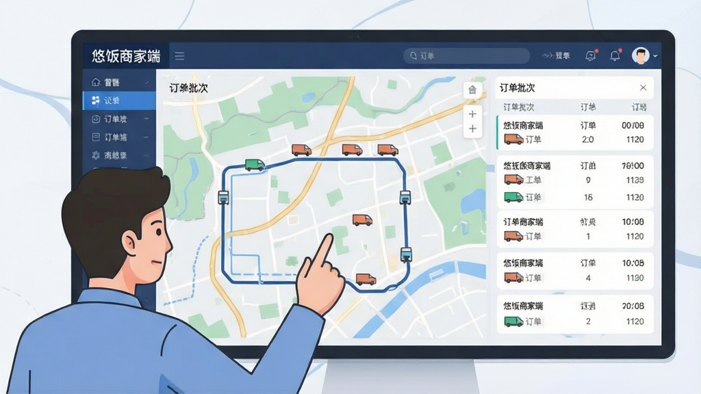 一张展示团餐配送调度场景的示意图,画面主体为一块横向的电子看板界面,上面显示“悠饭商家端”的配送路线地图与订单批次列表,看板前方有一位工作人员正在用手指点触屏幕,布局为看板占据画面主要区域、人物位于左下角,风格为现代办公插画风,细节包括地图路线线条、配送车辆图标与订单编号,画质清晰整洁,画面无杂乱元素