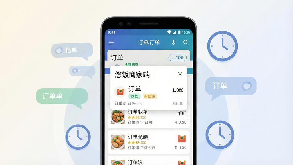 一张表现订单实时推送的手机界面示意图,画面中央是一部竖屏安卓手机,屏幕上显示“悠饭商家端”的订单提醒弹窗与订单列表,周围有若干半透明的消息气泡和时钟图标作为装饰元素,布局为手机居中、元素环绕,风格为扁平化科技插画风,细节包括订单状态标签、时间数字与菜品小图标,画质干净清晰,背景为浅色渐变,无多余元素