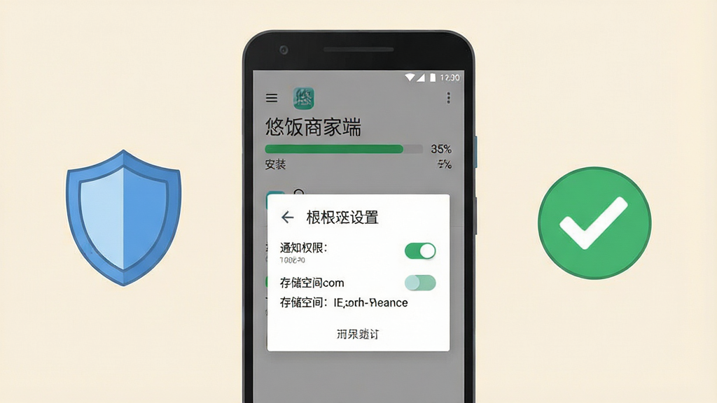 一张表现安卓手机安装应用过程的示意图,画面主体为一部手机屏幕显示“悠饭商家端”安装进度条与权限设置弹窗,旁边配有一个盾牌图标和勾选标记,布局为手机居中、图标分列两侧,风格为简洁扁平插画风,细节包括进度条百分比、通知权限开关与存储空间提示,画质清晰干净,背景为纯色浅底,无多余装饰
