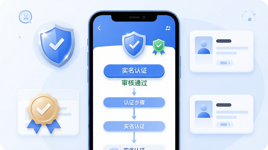 画面主体是一个手机应用的个人资料认证页面,页面上有“实名认证”字样的按钮与审核通过标识,旁边有盾牌图标;布局为手机屏幕居中,周围环绕认证徽章与资料卡片元素;排版上认证步骤以纵向流程展示;风格为简洁的扁平化科技插画,主色为蓝色与白色;细节包括盾牌有细微高光、按钮有轻微立体感、资料卡片边角圆润;画质高清,干净,无多余元素