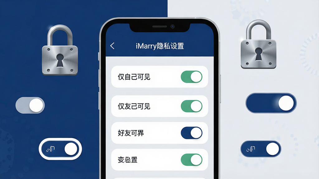 画面主体是一部手机显示iMarry隐私设置页面,页面上有开关按钮与“仅自己可见”“好友可见”等选项标签;布局为手机居中,周围有锁形图标与权限开关元素环绕;排版上设置项纵向排列,开关状态清晰;风格为简洁的扁平化安全主题插画,配色以深蓝、白色与浅灰为主;细节包括锁形图标有金属质感、开关有轻微高光、选项标签圆角统一;画质高清,干净,无多余元素
