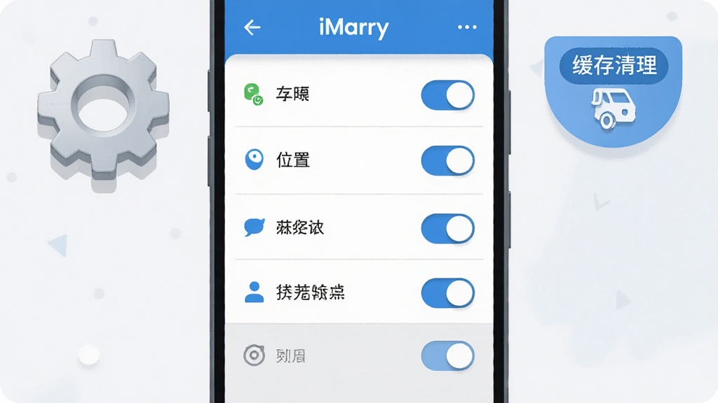 画面主体是一部安卓手机显示iMarry安装完成后的权限设置页面,页面上有存储、位置、通知等权限开关;布局为手机居中,旁边有齿轮图标与缓存清理按钮元素;排版上权限列表纵向排列,开关状态清晰;风格为简洁的扁平化操作指南插画,配色以浅灰、白色与蓝色为主;细节包括齿轮有轻微立体感、开关高光自然、页面干净;画质高清,干净,无多余元素