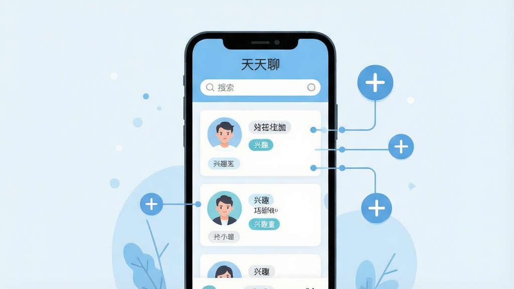 一张展示天天聊好友发现与添加界面的场景图。画面中一部手机屏幕显示好友推荐卡片与搜索框,卡片上有人物头像与兴趣标签,屏幕上方有“天天聊”标识。手机旁边漂浮着加号图标与连接线元素,象征社交连接。构图简洁居中,风格为清爽扁平插画,色调以浅蓝与白色为主,画质干净清晰,无多余元素。