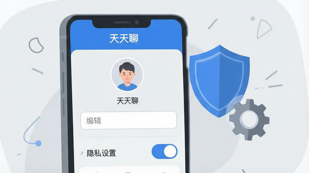 一张展示天天聊个人资料与隐私设置界面的场景图。画面中一部手机屏幕显示头像、昵称编辑框与隐私开关按钮,屏幕上方有“天天聊”字样。手机旁边有盾牌图标与齿轮图标元素,象征安全与设置。构图简洁,风格为现代扁平插画,色调以浅灰与蓝色为主,画质高清,无杂乱元素。