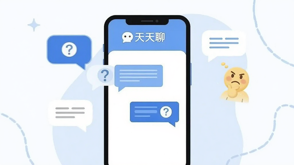 一张表现天天聊用户问答与帮助场景的插画。画面中一部手机屏幕显示对话气泡与问号图标,屏幕上方有“天天聊”应用名称。手机旁边有对话气泡与思考表情元素,象征用户疑问与解答。构图简洁居中,风格为扁平化插画,配色以浅蓝与白色为主,画质清晰干净,无多余装饰。