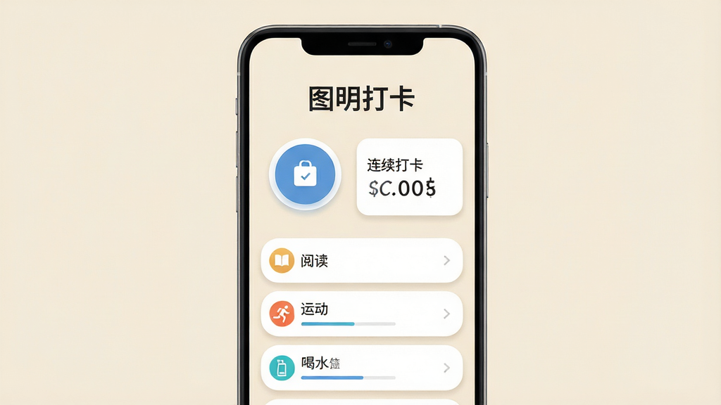 一张手机应用界面展示图,画面中央是一部竖屏安卓手机,屏幕内显示「图明打卡」APP首页,首页顶部有「图明打卡」四个中文字,中间是圆形打卡按钮和连续打卡天数卡片,下方排列着阅读、运动、喝水三个习惯条目,背景为浅米色,整体布局简洁居中,风格为扁平化UI设计,细节包含圆角卡片、柔和阴影与清晰图标,画质高清,画面干净,无多余元素