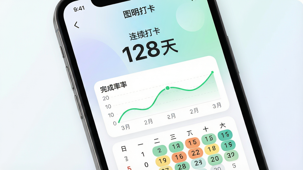 一张习惯打卡数据展示图,画面主体为手机屏幕特写,屏幕中显示「图明打卡」的连续打卡天数统计页,页面上方有醒目的数字「连续打卡 128 天」,下方是绿色完成率折线图和日历热力图,布局为上下结构,风格清新简约,细节包含圆角数据卡片与柔和渐变背景,画质高清,画面干净,无多余元素