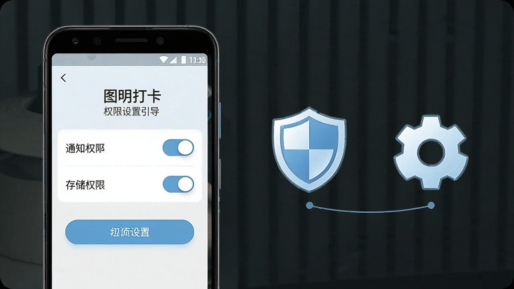 一张手机应用操作示意图,画面主体为一部安卓手机,屏幕显示「图明打卡」的权限设置引导页,页面上有通知权限与存储权限两个开关项,手机旁边放置一个盾牌图标和齿轮图标,布局为左机右图标,风格为简洁科技感,细节包含圆角按钮与浅蓝配色,画质高清,画面干净,无多余元素