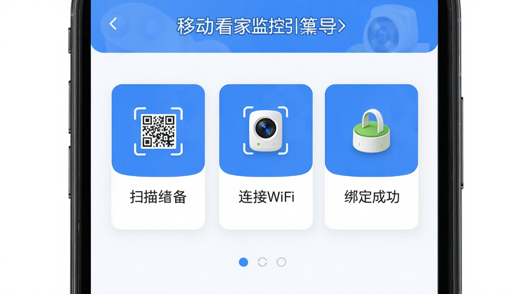 移动看家监控新手操作引导页面,手机屏幕显示设备添加流程示意图,包含扫描二维码、连接WiFi、绑定成功三个步骤图标,界面采用卡片式布局,蓝白配色,风格清晰友好,画质干净无杂乱元素