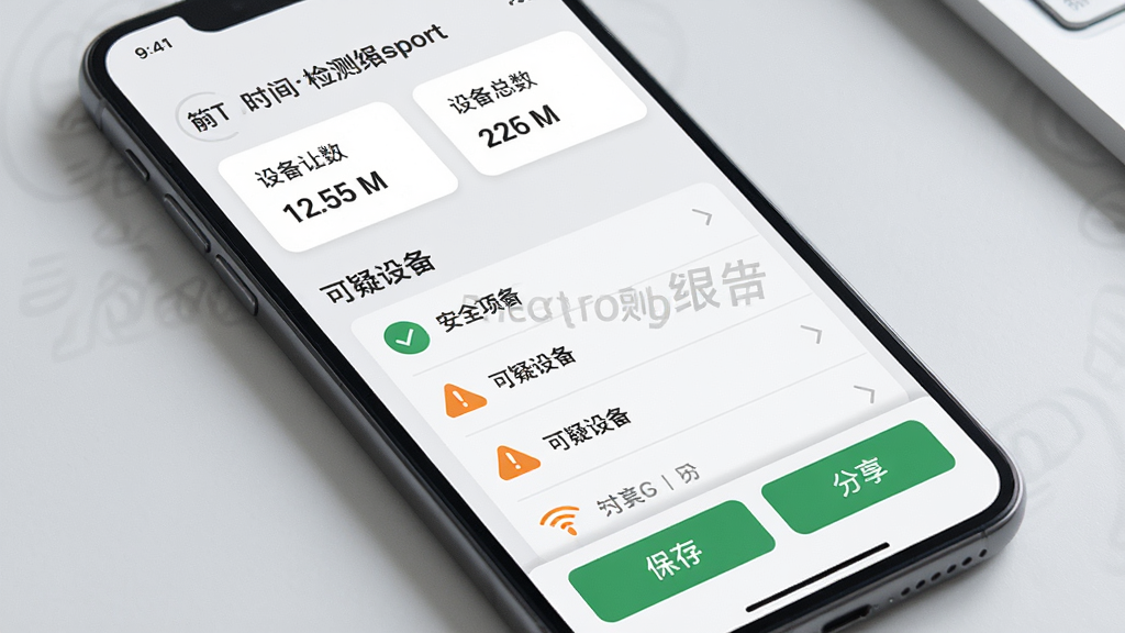 主体为手机屏幕显示检测报告页面,布局为顶部检测时间与设备总数统计卡片、中部可疑设备列表、底部保存与分享按钮,风格为简约商务浅灰质感,细节包括绿色对勾图标表示安全项、橙色警示图标表示可疑项、报告编号水印,画质清晰干净无多余元素