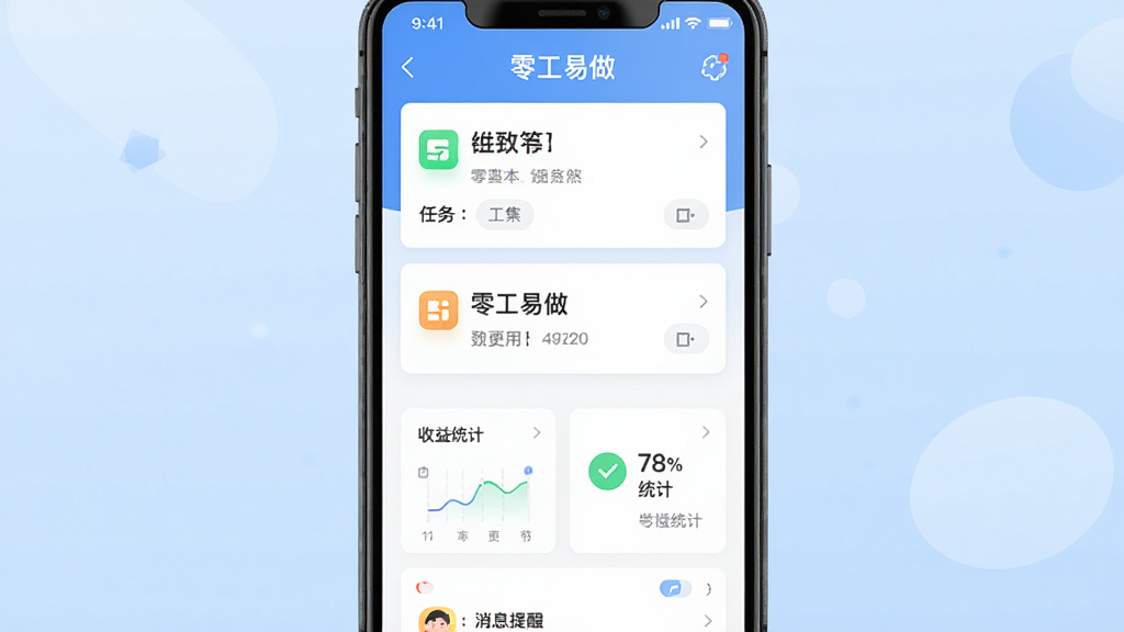手机屏幕中央展示“零工易做”应用主界面,上方是任务列表卡片,下方是收益统计与消息提醒,背景为浅蓝色渐变,画面采用扁平化UI风格,布局清晰,细节包含图标与文字标签,画质干净锐利,无多余装饰元素