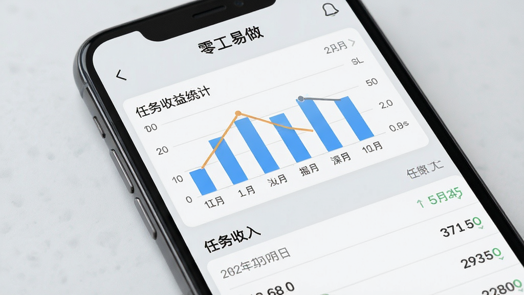 手机屏幕特写显示“零工易做”收益明细页面,包含柱状统计图与任务收入列表,背景为浅灰色,画面风格简约商务,布局整齐,细节包含数字与日期标签,画质清晰,无多余元素