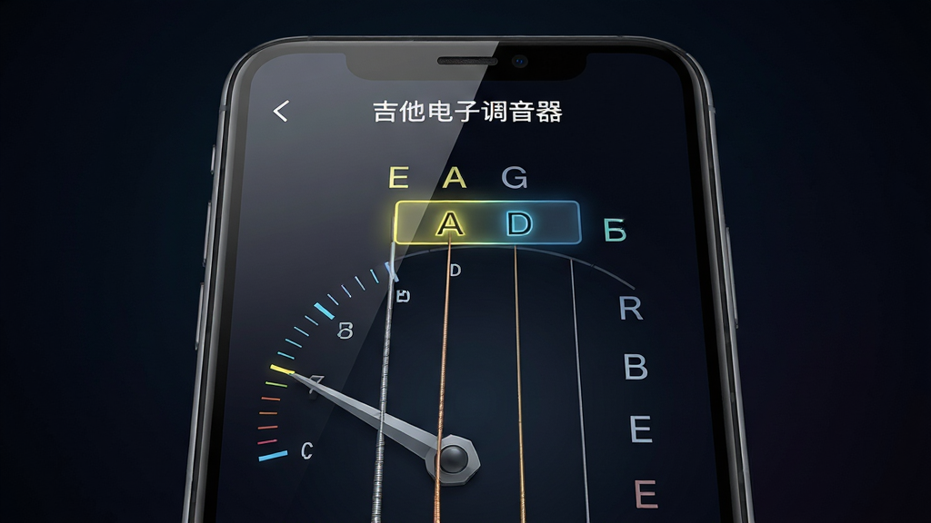 手机屏幕特写,屏幕内显示“吉他电子调音器”调音界面,六根琴弦音名E A D G B E纵向排列,当前识别音名高亮,指针偏向左侧,背景为深色渐变,布局为手机居中展示,风格为科技感UI界面展示风,细节包括屏幕玻璃反光、音名文字清晰、指针刻度精细,画质高清,画面干净,无多余元素