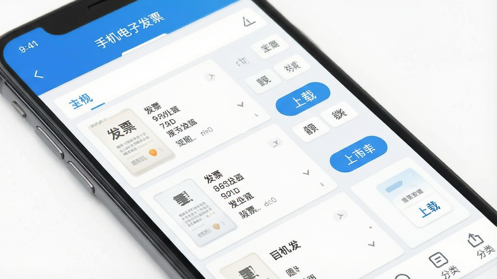 一张展示手机屏幕的图片,屏幕上显示“手机电子发票”应用的主界面,界面中包含发票列表、下载按钮和分类标签,整体布局清晰,采用扁平化设计风格,色调以蓝白为主,画面干净整洁,无多余装饰元素,画质高清,适合软件下载站展示