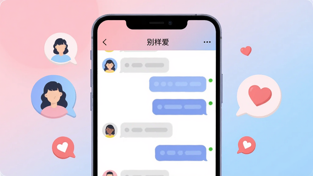 主体为一部竖屏安卓手机,屏幕中央展示“别样爱”应用聊天列表界面,布局采用居中构图,手机两侧漂浮圆形头像气泡与心形图标,排版简洁明快,风格为现代扁平化插画,细节包含柔和的粉蓝渐变背景、聊天气泡与在线状态小圆点,画质清晰,画面干净,无多余元素