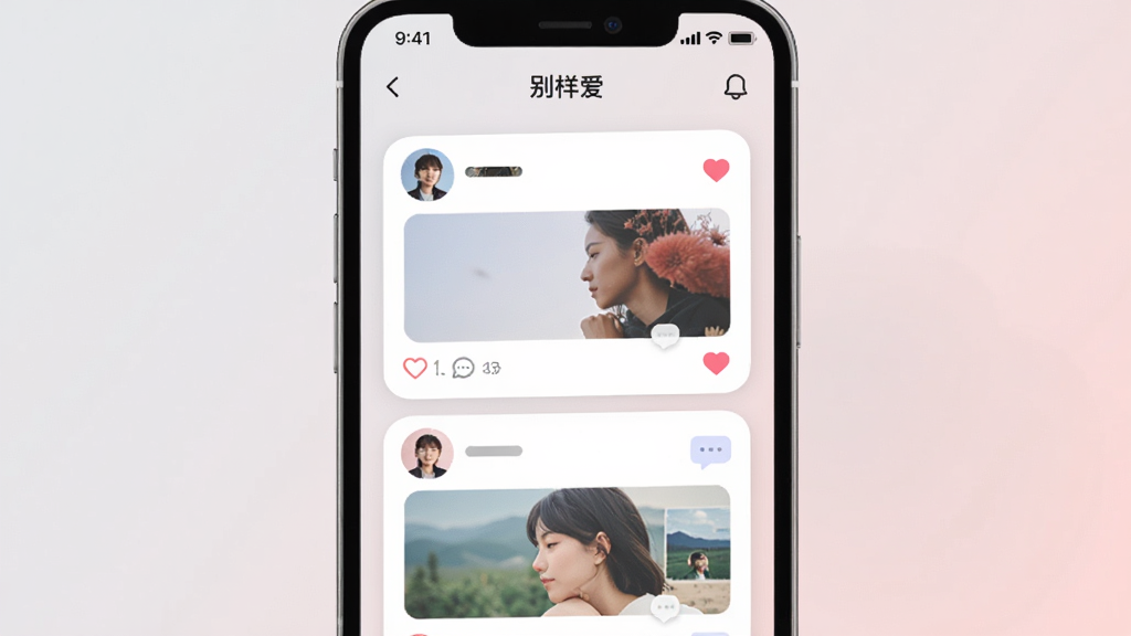主体为手机展示“别样爱”动态广场信息流页面,布局为纵向滚动卡片式排版,背景为浅灰到淡粉渐变,风格为柔和圆角扁平风,细节包含动态卡片上的头像、图片缩略图、点赞爱心图标与评论气泡,画质清晰,画面干净,无多余元素