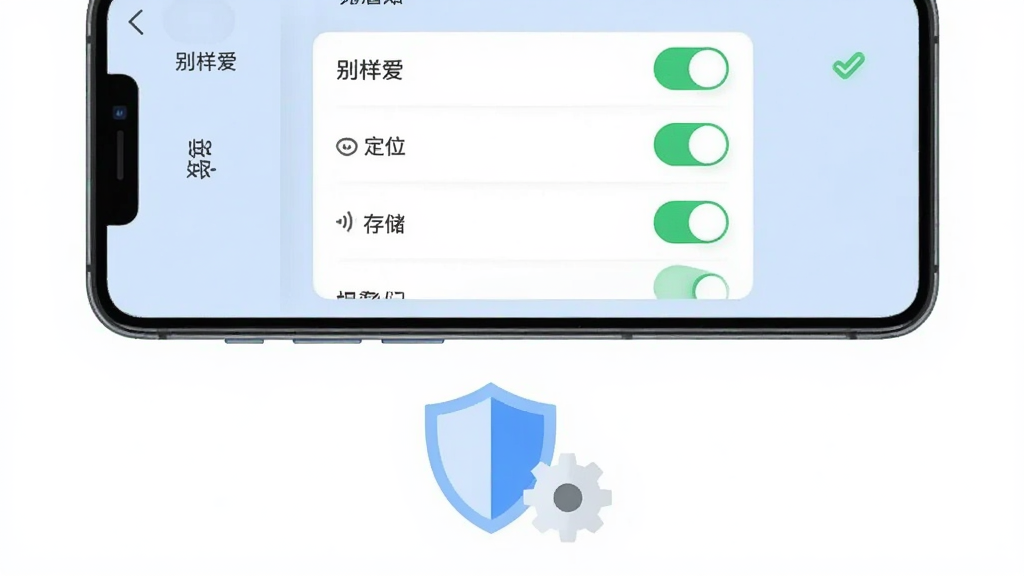 主体为一部手机屏幕展示“别样爱”设置页面与权限管理列表,布局为上下结构,上方手机界面清晰展示通知、定位、存储等开关选项,下方漂浮盾牌与齿轮图标,风格为简约科技扁平风,细节包含浅蓝背景、白色卡片与绿色对勾标识,画质清晰,画面干净,无多余元素
