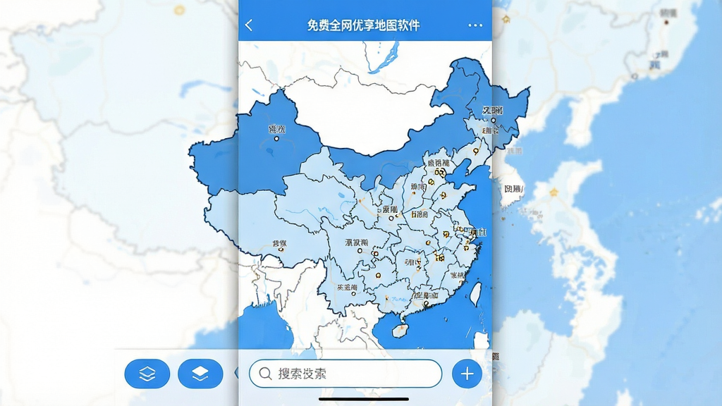 一张展示免费全网优享地图软件主界面的手机截图,画面中央是清晰的中国地图轮廓,标注着主要城市名称,界面底部有图层切换按钮和搜索框,整体风格简洁清爽,蓝白配色为主,画质清晰干净,无多余元素
