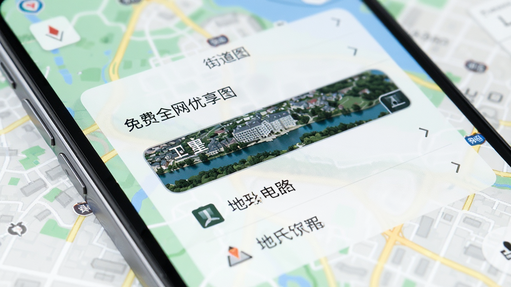 一部智能手机屏幕特写,屏幕上显示免费全网优享地图的图层切换菜单,菜单中列出街道图、卫星图、地形图等选项,背景是模糊的地图画面,整体风格现代简洁,光线明亮,画质细腻干净