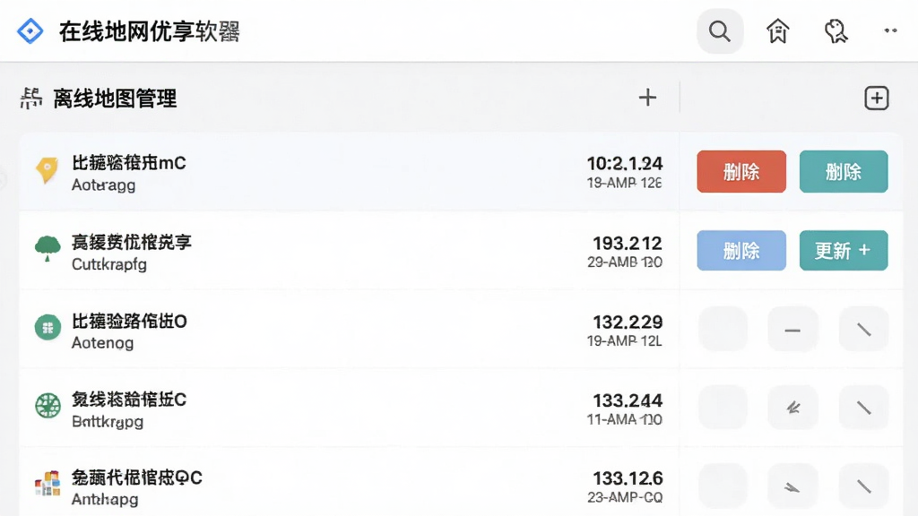 免费全网优享地图软件界面截图,展示离线地图管理页面,列表中显示已缓存的多个城市区域名称和对应的数据大小,右侧有删除和更新按钮,界面布局清晰,浅色背景,画质干净整洁