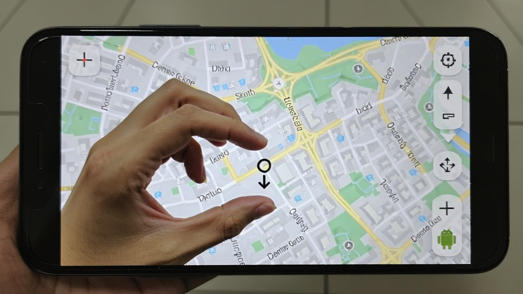 免费全网优享地图安卓版在手机上的运行界面实拍图,画面显示地图缩放操作手势示意,一只手正在双指捏合屏幕,背景是城市街道地图,整体色调自然,画质清晰,干净无杂乱元素