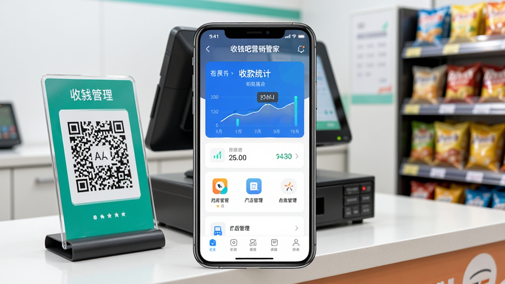 手机屏幕正中央展示“收钱吧营销管家”应用界面,背景为整洁的便利店收银台,画面左侧摆放收款码立牌,右侧有商品货架,整体布局简洁明了,风格写实商务,细节包括手机界面上的收款统计图表与门店管理图标,画质清晰,干净,无多余元素