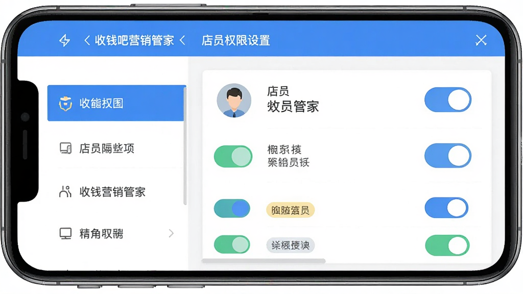 手机界面展示“收钱吧营销管家”店员权限设置页面,布局为左侧功能模块列表、右侧权限开关面板,风格扁平化商务,细节包括店员头像、权限开关按钮与角色标签,画质清晰,干净,无多余元素