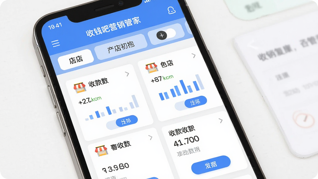 画面主体为一部手机,屏幕上显示“收钱吧营销管家”多门店管理列表界面,布局为上下分层结构,上方为门店切换标签,下方为各门店收款数据卡片,风格简洁商务,细节包括门店图标、数据条形图与切换按钮,画质清晰,干净,无多余元素