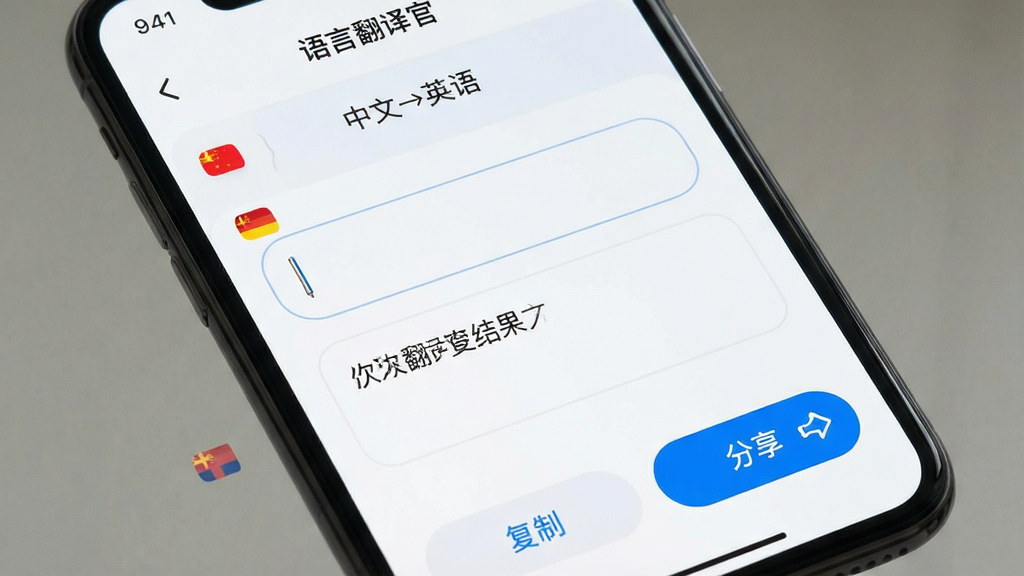 一张手机应用界面图,主体为手机屏幕特写,屏幕中展示“语言翻译官”的多语种文本翻译页面,上方语言栏显示“中文→英语”,中间为输入框与译文结果框,下方有复制与分享按钮,布局上下分层清晰,风格为现代简约浅色界面,细节包含语言旗帜小图标、圆角输入框、蓝色高亮按钮,画质干净清晰,无多余元素
