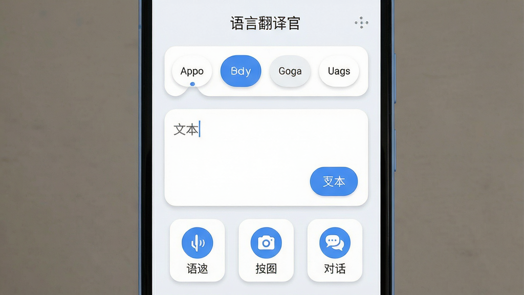 一张手机界面展示图,主体是一部竖屏安卓手机,屏幕中央显示“语言翻译官”应用主界面,上方为语言选择栏,中间为文本输入框与翻译按钮,下方排列语音、拍照、对话三个功能图标,布局居中对称,风格为清爽浅色扁平化设计,细节包含圆角卡片、柔和阴影、蓝色主色调点缀,画质清晰干净,无多余元素