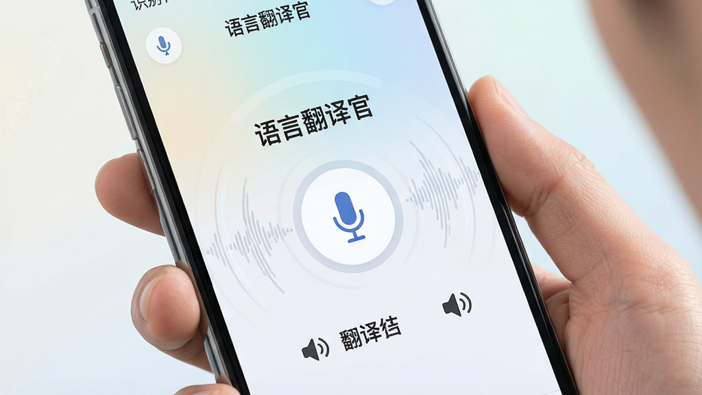 一张手机使用场景图,主体为手持手机的人物局部特写,屏幕中显示“语言翻译官”语音翻译界面,中央为醒目的麦克风圆形按钮,上方显示识别出的文字,下方显示翻译结果与喇叭播报图标,布局以麦克风为中心向外展开,风格为科技感浅色界面,细节包含声波纹理、柔和渐变背景、清晰的功能图标,画质干净明亮,无多余元素