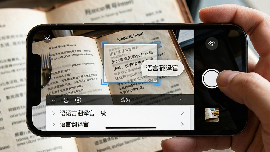 一张手机拍照翻译示意图,主体为手机横置对准一本外文菜单,手机屏幕中显示“语言翻译官”拍照翻译界面,图片区域框选文字并叠加译文气泡,布局为屏幕内上下分区,上方为拍摄画面,下方为译文列表,风格为旅行场景清新风格,细节包含菜单纹理、识别框线、译文卡片,画质清晰自然,无多余元素
