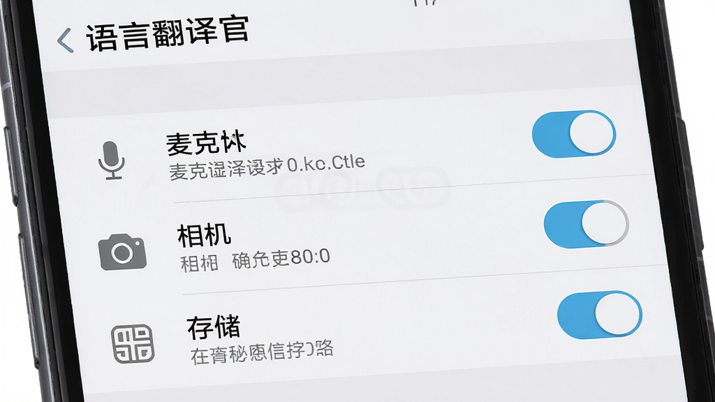 一张手机设置界面示意图,主体为手机屏幕特写,屏幕中显示“语言翻译官”的权限管理页面,包含麦克风、相机、存储三项权限开关,布局为列表式排列,风格为系统设置浅灰界面,细节包含权限图标、开关按钮、说明文字,画质清晰干净,无多余元素
