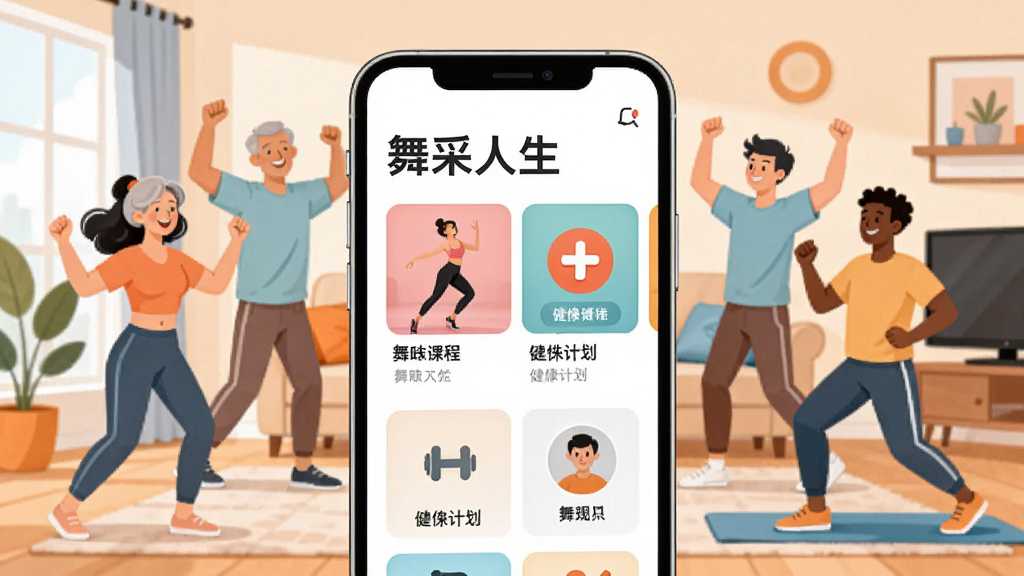 画面中央展示一部智能手机,手机屏幕上显示“舞采人生”APP的主界面,界面中包含舞蹈课程卡片、健身计划图标与用户头像,手机周围环绕着几位不同年龄段的用户正在愉快地跳舞和健身,背景为明亮温馨的居家客厅环境,整体采用清新明亮的扁平化插画风格,色彩以暖橙色和浅蓝色为主,细节丰富,画质清晰干净,无多余元素