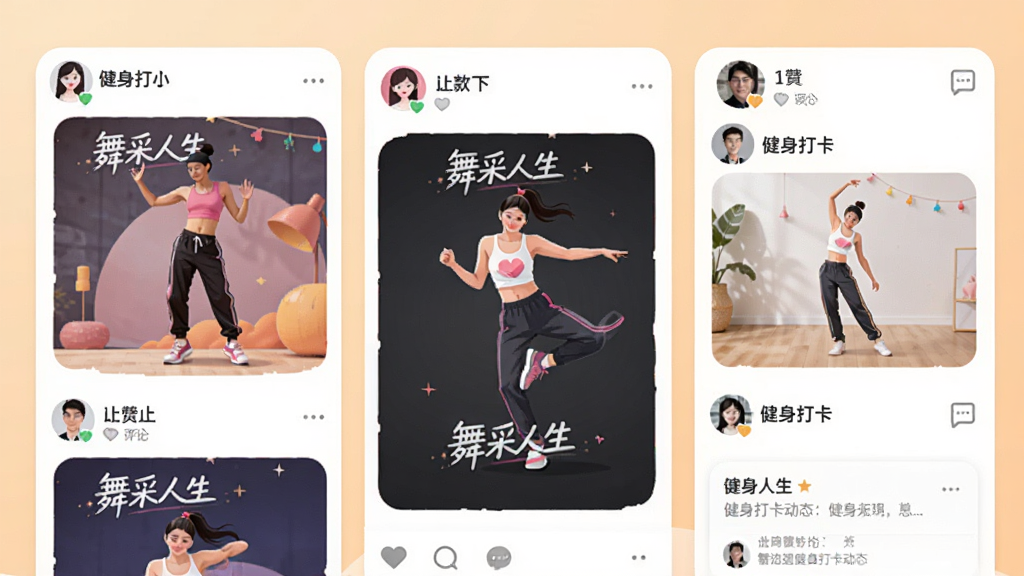 画面展示一个手机社交社区界面,界面中排列着用户发布的舞蹈短视频卡片和健身打卡动态,卡片上带有“舞采人生”标识,几位用户头像旁显示点赞和评论图标,背景为温暖的浅色渐变,风格为现代扁平化UI插画,细节清晰,画质干净,无多余元素
