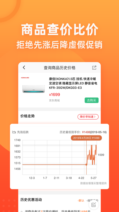 慢慢买比价购物助手 查询商品历史价格走势界面