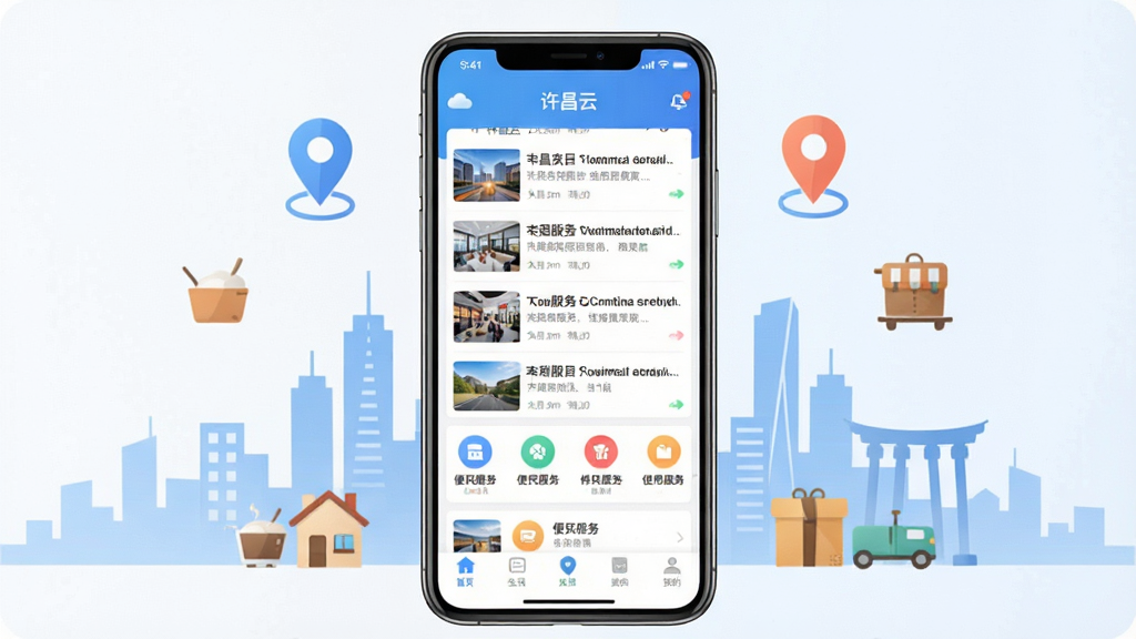 一张展示“许昌云”手机应用界面的效果图,画面中央是一部竖屏手机,屏幕内呈现清爽的本地生活服务首页,包含资讯列表、便民服务图标和底部导航栏,手机周围环绕着城市剪影、定位图标和生活服务元素,布局居中对称,风格现代简洁,细节丰富,画质清晰干净,无多余杂乱元素