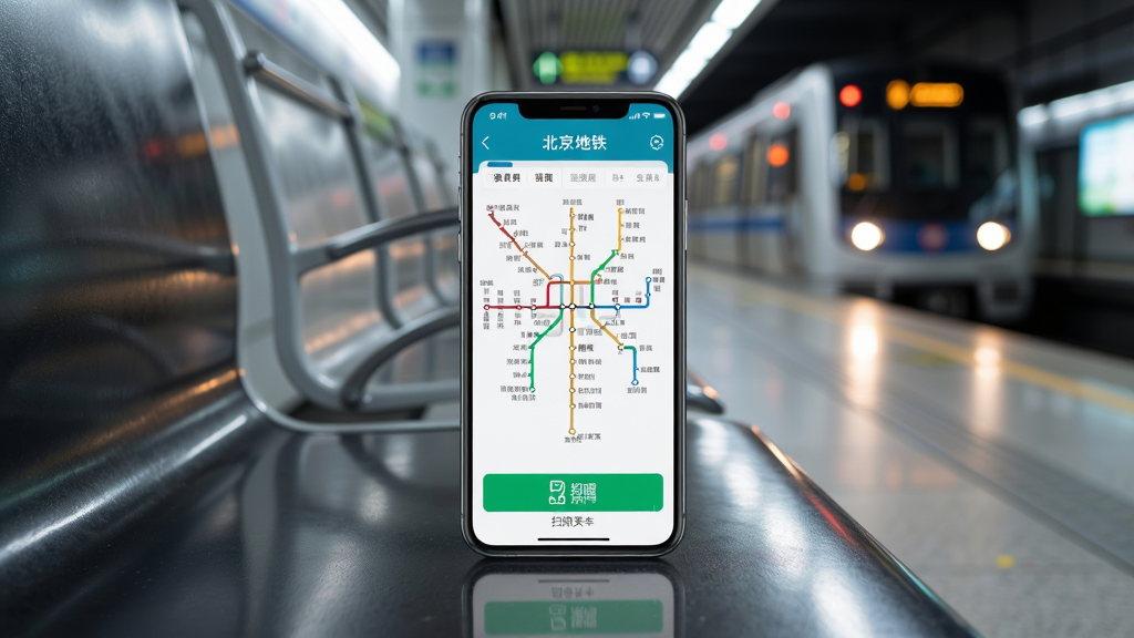画面主体为一部智能手机,屏幕显示北京地铁APP主界面,包含线路图与扫码乘车按钮,手机放置在地铁站台座椅上,背景为虚化的地铁列车与站台灯光,布局采用居中构图,手机屏幕内容清晰可见,风格为现代科技感写实摄影,细节包括手机金属边框反光、站台地面纹理、远处列车车灯,画质为4K高清,干净无多余元素