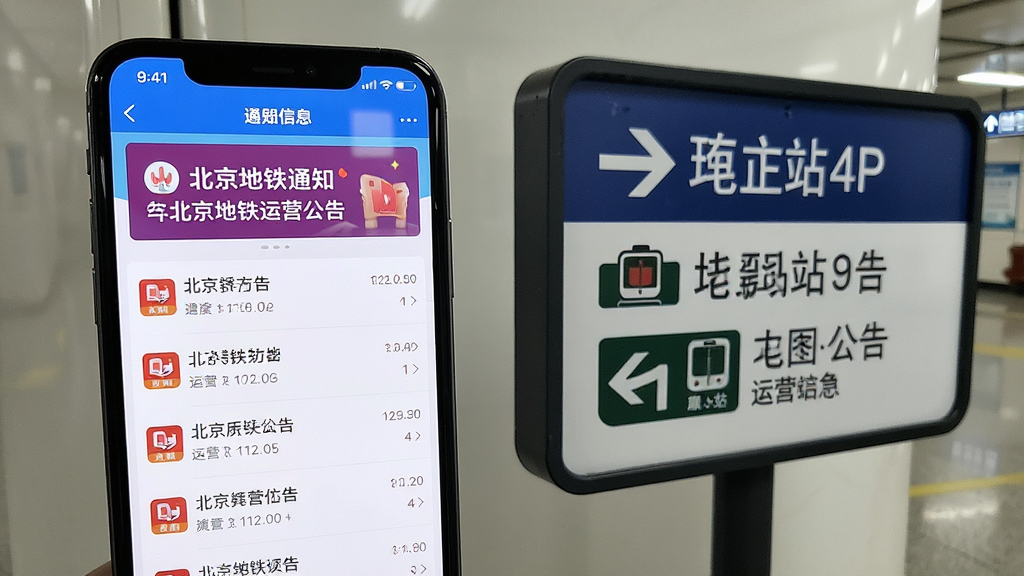 画面主体为手机屏幕显示北京地铁APP运营公告页面,顶部有醒目的通知横幅,下方列出多条运营信息条目,手机旁放置一个地铁站信息指示牌,布局为手机与指示牌并排展示,风格为简洁信息展示风格,细节包括公告文字排版、指示牌箭头图标、手机屏幕亮度,画质清晰,干净无多余元素