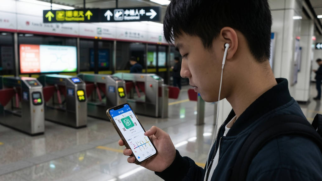 画面主体为一名年轻乘客站在地铁站厅内低头查看手机上的北京地铁APP界面,手机屏幕显示乘车码与线路信息,背景为地铁站厅的闸机与指示牌,布局为人物半身侧面构图,风格为都市通勤生活摄影,细节包括乘客耳机线、手机屏幕反光、站厅地面反光,画质高清,干净无多余元素