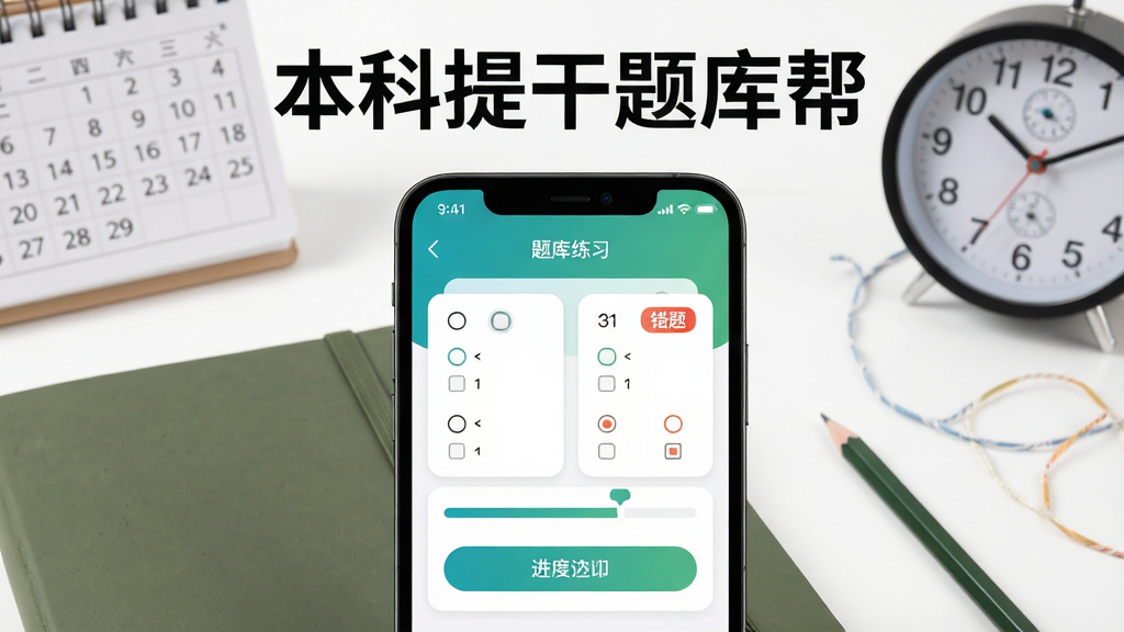 主体为一部竖屏智能手机,屏幕中展示题库练习界面,包含选择题与进度条,手机周围布置军绿色笔记本、铅笔、日历与时钟元素,布局为居中构图手机位于画面中央,上方留白放置文字排版,风格为清爽学习教育类视觉,细节包括界面卡片圆角、按钮高亮、错题标签,画质高清干净无多余元素,画面中文字为“本科提干题库帮”